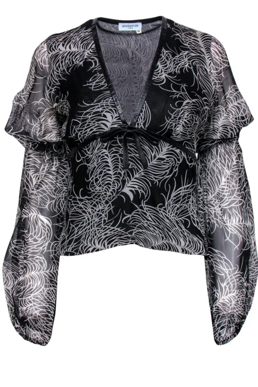 Andrew Gn - Black Printed Silk Blouse w/ Leather Trim Sz M