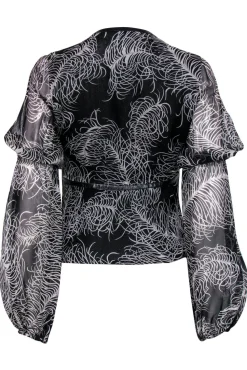 Andrew Gn - Black Printed Silk Blouse w/ Leather Trim Sz M