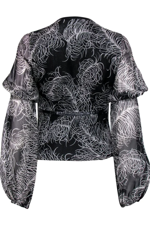 Andrew Gn - Black Printed Silk Blouse w/ Leather Trim Sz M