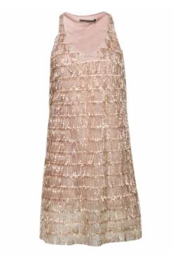 Angela Davis - Beige Sequin Fringe Sleeveless Dress Sz M