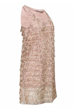 Angela Davis - Beige Sequin Fringe Sleeveless Dress Sz M