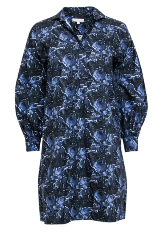 Ann Mashburn - Navy & Blue Abstract Print Shirt Dress Sz XS
