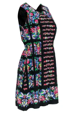 Anna Sui - Black & Multi Color Floral Print Silk Dress Sz 2