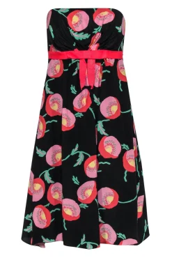Anna Sui - Black, Pink & Green Floral Print Strapless A-Line Dress Sz 4