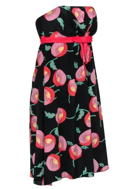 Anna Sui - Black, Pink & Green Floral Print Strapless A-Line Dress Sz 4