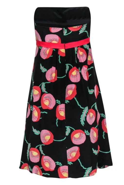 Anna Sui - Black, Pink & Green Floral Print Strapless A-Line Dress Sz 4