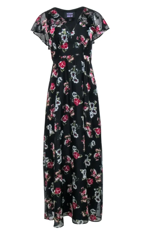 Anna Sui - Black w/ Pink Velvet Floral Print Formal Dress Sz 6