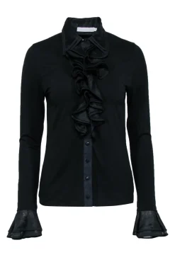 Anne Fontaine - Black Double Ruffle Button-Up Blouse Sz 4