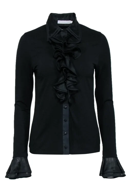 Anne Fontaine - Black Double Ruffle Button-Up Blouse Sz 4