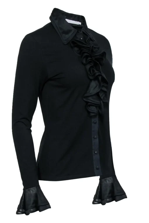 Anne Fontaine - Black Double Ruffle Button-Up Blouse Sz 4