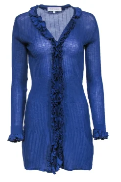 Anne Fontaine - Blue Ruffle Longline Button Front Cardigan Sz 6