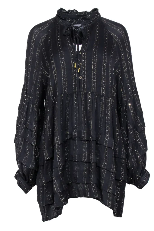 Anthropologie - Black & Gold Metallic Stripe Dress Sz L