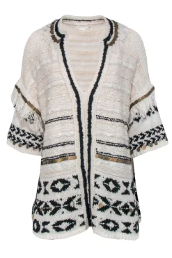 Anthropologie - Ivory & Black Tunic Sweater w/ Fringe & Embellished Trim Sz XS/S