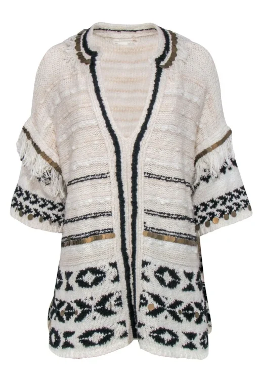 Anthropologie - Ivory & Black Tunic Sweater w/ Fringe & Embellished Trim Sz XS/S