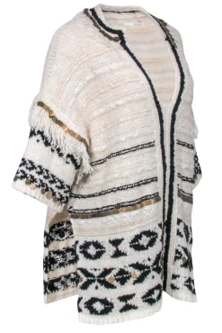 Anthropologie - Ivory & Black Tunic Sweater w/ Fringe & Embellished Trim Sz XS/S