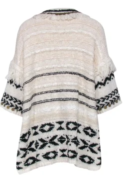 Anthropologie - Ivory & Black Tunic Sweater w/ Fringe & Embellished Trim Sz XS/S