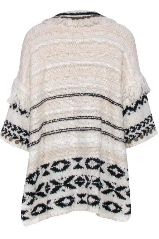 Anthropologie - Ivory & Black Tunic Sweater w/ Fringe & Embellished Trim Sz XS/S
