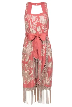 Anthropologie - Pink & Cream Floral Embroidered Midi Dress w/ Fringed Trim Sz 4