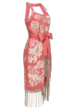 Anthropologie - Pink & Cream Floral Embroidered Midi Dress w/ Fringed Trim Sz 4