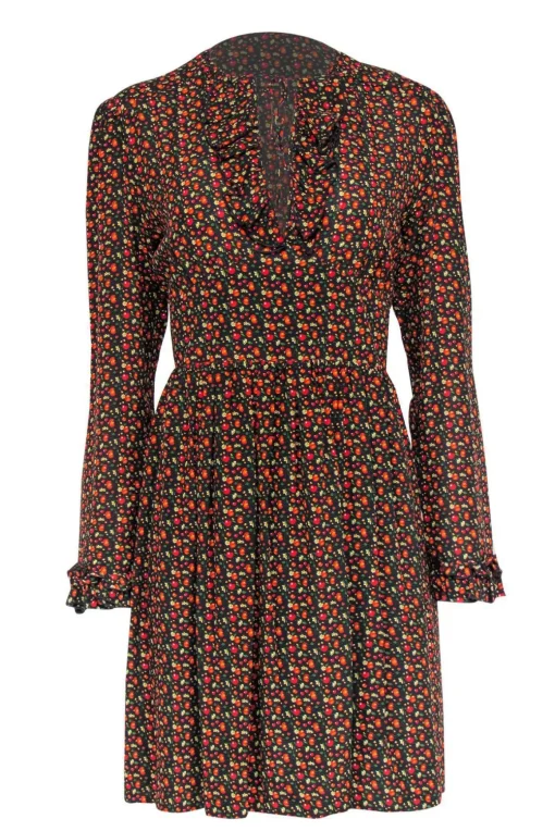 A.P.C. - Cherry Print Ruffle Neckline A-Line Dress Sz 6