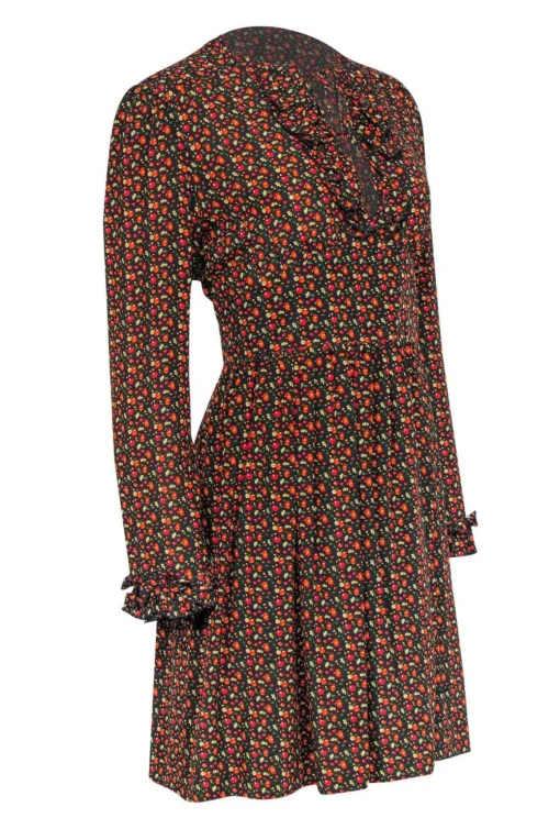 A.P.C. - Cherry Print Ruffle Neckline A-Line Dress Sz 6