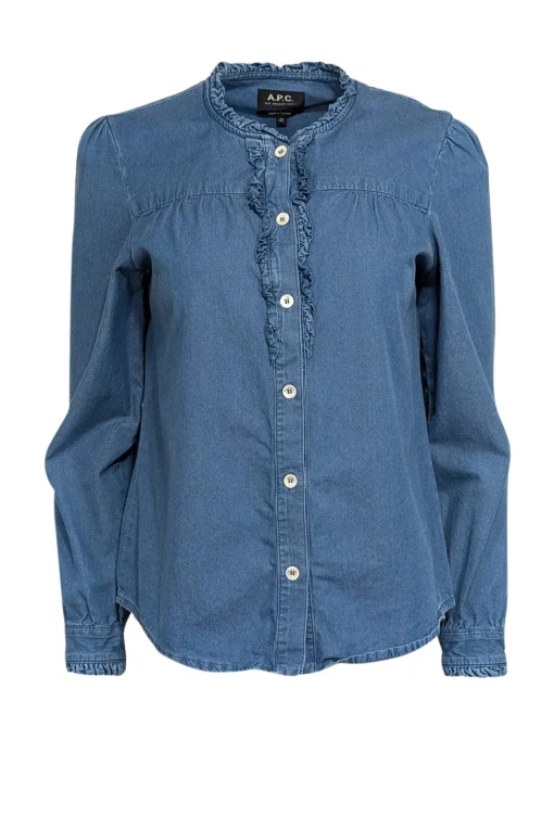 A.P.C. - Indigo Chambray Shirt w/ Ruffle Trim Sz 6