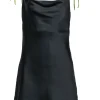 Apparis - Black Sleeveless Satin Slip Dress w/ Green Tie Straps Sz M