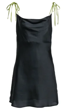 Apparis - Black Sleeveless Satin Slip Dress w/ Green Tie Straps Sz M