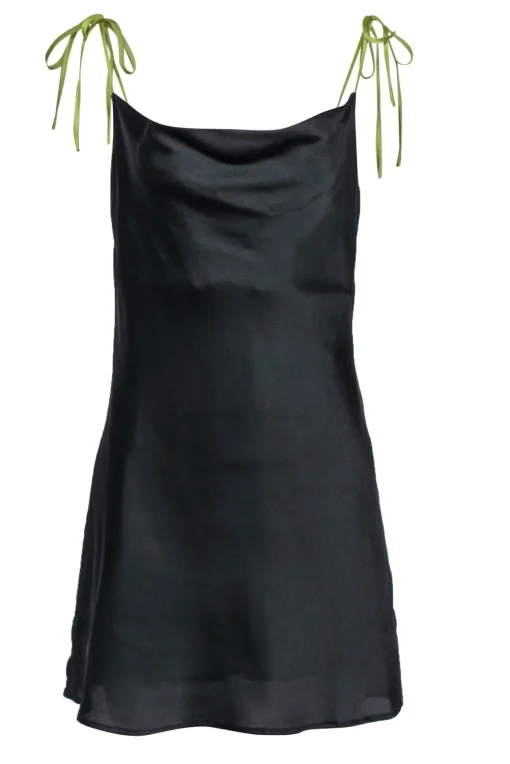 Apparis - Black Sleeveless Satin Slip Dress w/ Green Tie Straps Sz M