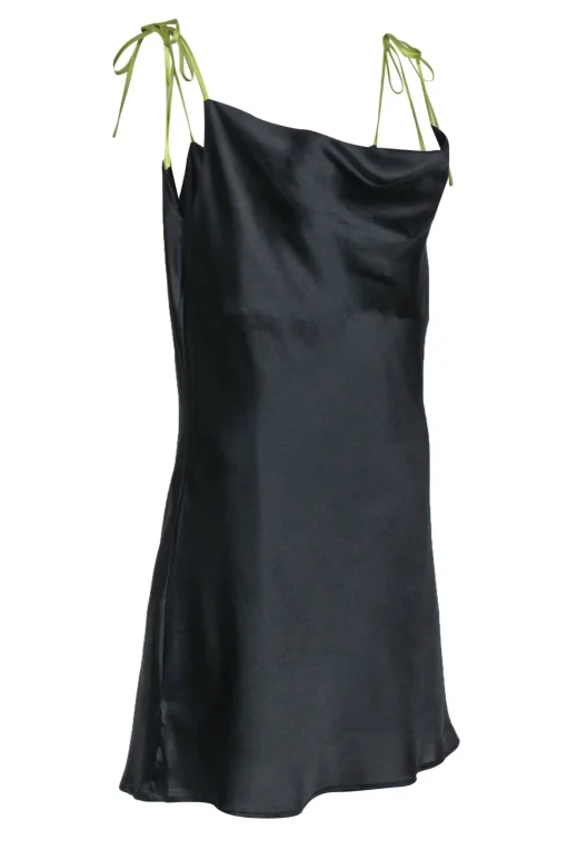 Apparis - Black Sleeveless Satin Slip Dress w/ Green Tie Straps Sz M