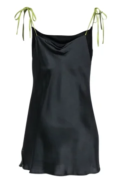 Apparis - Black Sleeveless Satin Slip Dress w/ Green Tie Straps Sz M