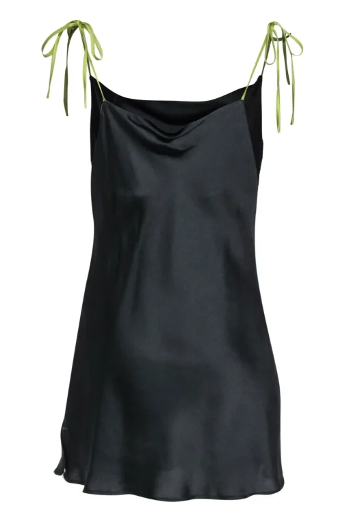 Apparis - Black Sleeveless Satin Slip Dress w/ Green Tie Straps Sz M