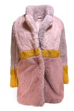 Apparis - Pink, Yellow, & Grey Color Blocked Faux Fur Coat Sz S