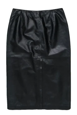 Armani Collezioni - Black Smooth Leather Midi Pencil Skirt w/ Vent Sz 10
