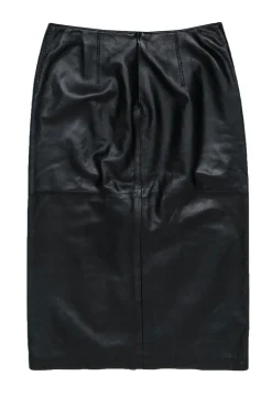 Armani Collezioni - Black Smooth Leather Midi Pencil Skirt w/ Vent Sz 10