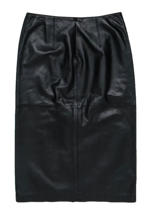 Armani Collezioni - Black Smooth Leather Midi Pencil Skirt w/ Vent Sz 10