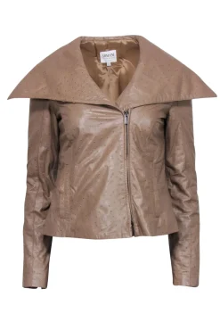 Armani Collezioni - Tan Textured Leather Draped Zip-Up Jacket Sz 6