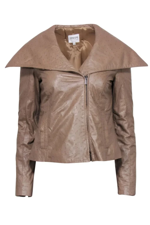 Armani Collezioni - Tan Textured Leather Draped Zip-Up Jacket Sz 6