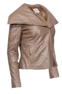 Armani Collezioni - Tan Textured Leather Draped Zip-Up Jacket Sz 6