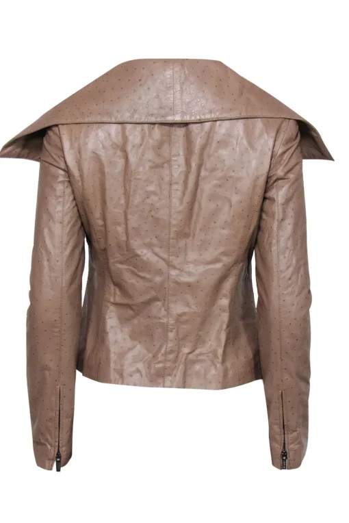 Armani Collezioni - Tan Textured Leather Draped Zip-Up Jacket Sz 6