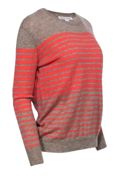 Autumn Cashmere - Taupe & Coral Striped Cashmere Sweater w/ Elbow Patches Sz XS