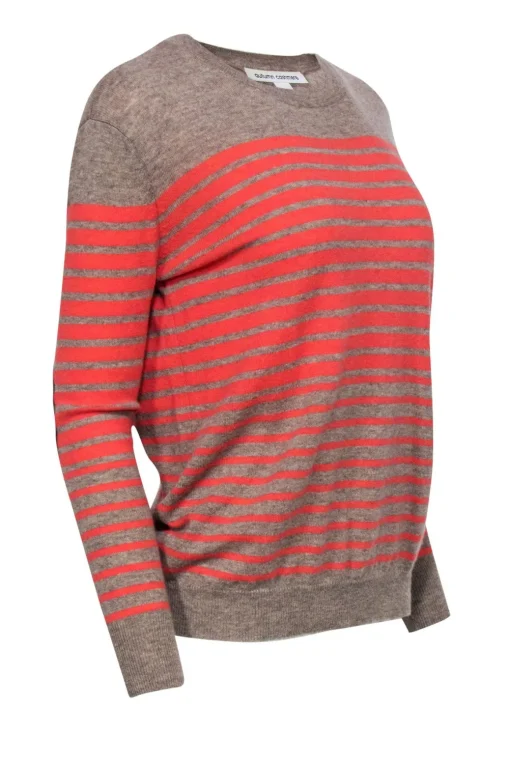 Autumn Cashmere - Taupe & Coral Striped Cashmere Sweater w/ Elbow Patches Sz XS