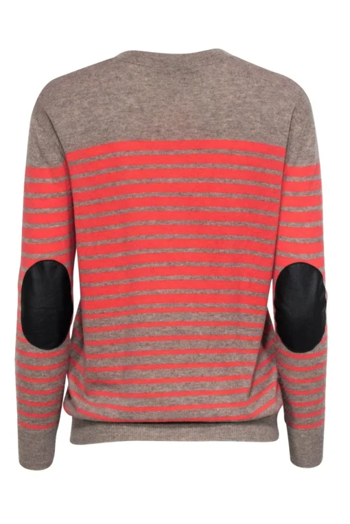 Autumn Cashmere - Taupe & Coral Striped Cashmere Sweater w/ Elbow Patches Sz XS