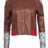 Aviu - Brown Leather Blouse w/ Red Trim & Sheer Sparkly Checkered Paneling Sz S