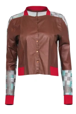 Aviu - Brown Leather Blouse w/ Red Trim & Sheer Sparkly Checkered Paneling Sz S