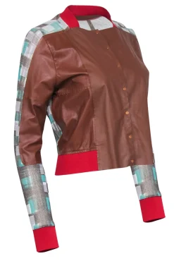 Aviu - Brown Leather Blouse w/ Red Trim & Sheer Sparkly Checkered Paneling Sz S