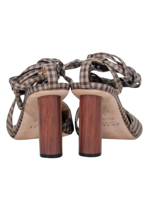 A.W.A.K.E. Mode - Brown & Beige Gingham Asymmetric Open-Toe Heels Sz 8