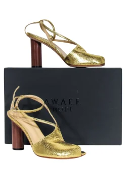 A.W.A.K.E. Mode - Gold Crinkled Foil Asymmetric Open-Toe Heels Sz 8