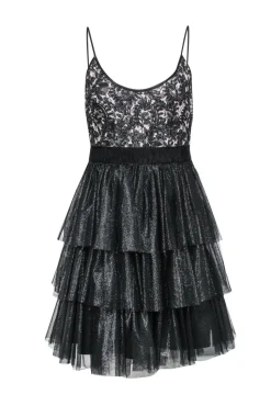 Badgley Mischka - Black & Nude Lace Fit & Flare Dress w/ Sparkly Tulle Skirt Sz 4