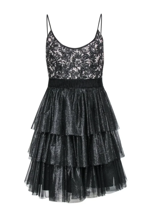 Badgley Mischka - Black & Nude Lace Fit & Flare Dress w/ Sparkly Tulle Skirt Sz 4